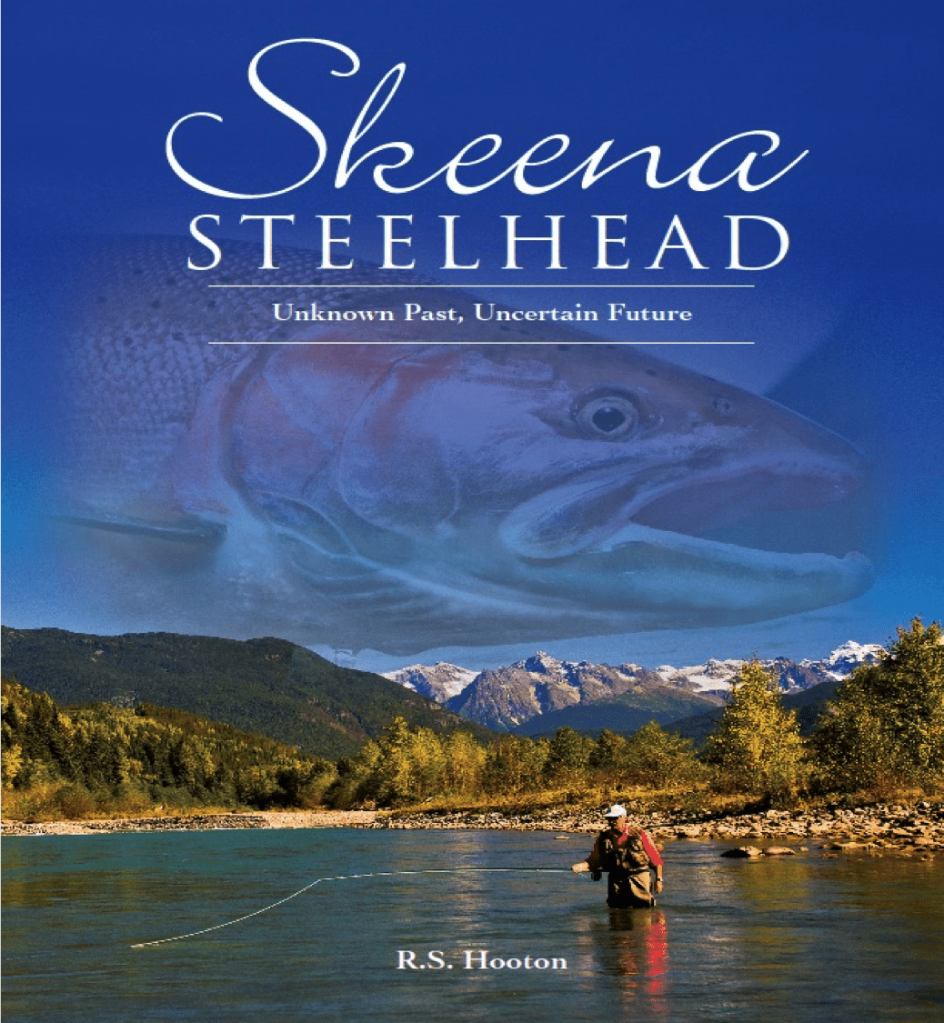 A fisherman wades in a river surrounded by mountains and trees, with a translucent steelhead trout overlay. The image supports discussions about steelhead habitat and conservation.