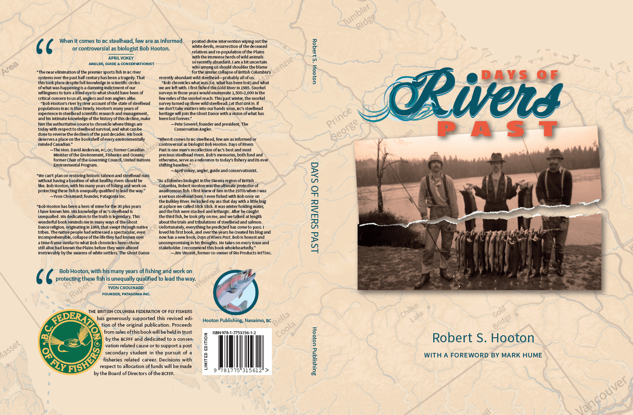 Cover of "Days of Rivers Past" by Robert S. Hooton, featuring a vintage photo of three anglers with their catch, set against a map background of British Columbia.