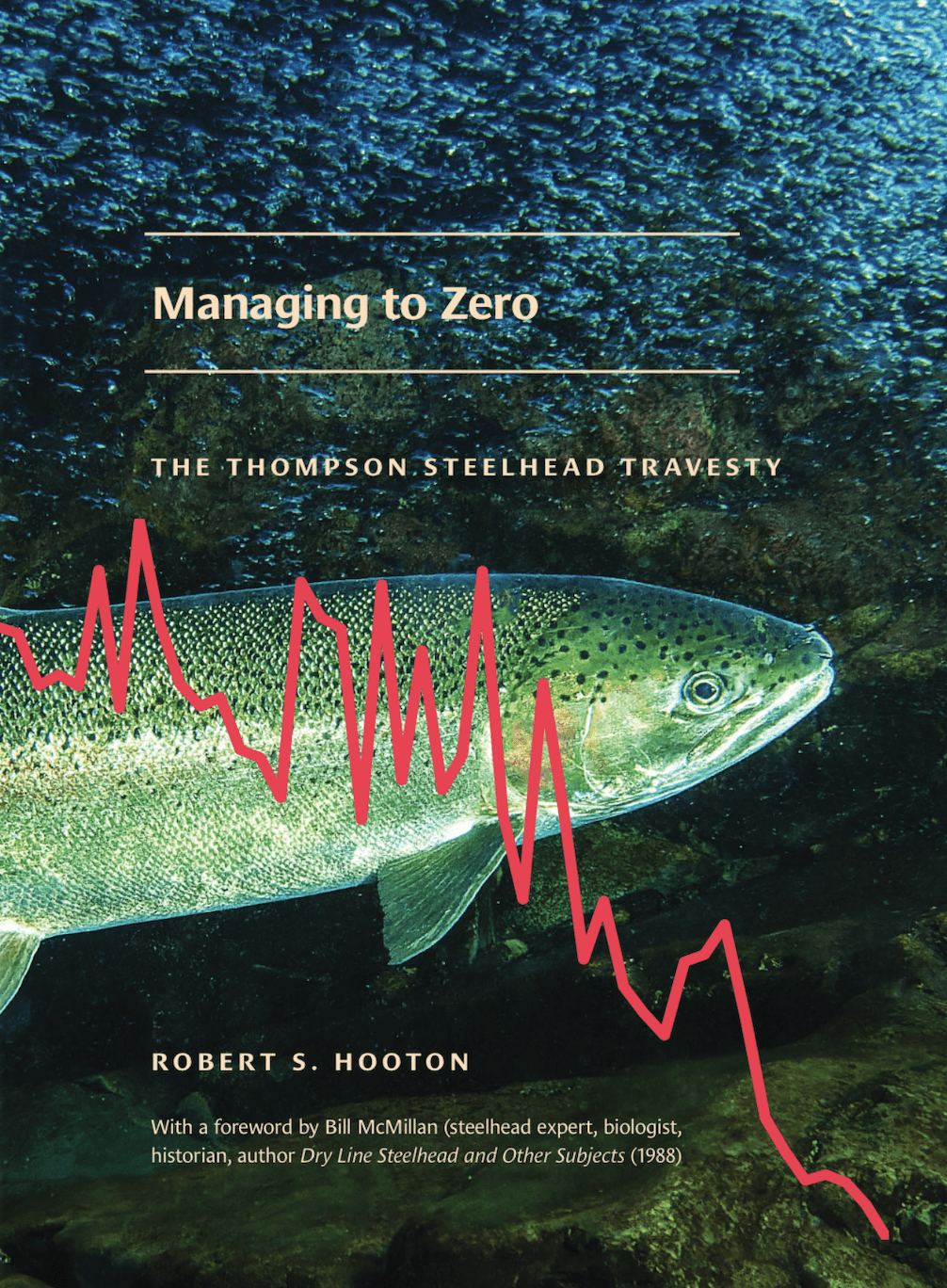 A steelhead trout swims in clear water, with a declining graph overlay representing the Thompson steelhead population decline, featured in "Managing to Zero."